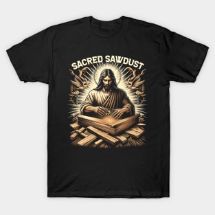 Sacred Sawdust, Jesus shaping wood with his hands as sawdust floated around him T-Shirt